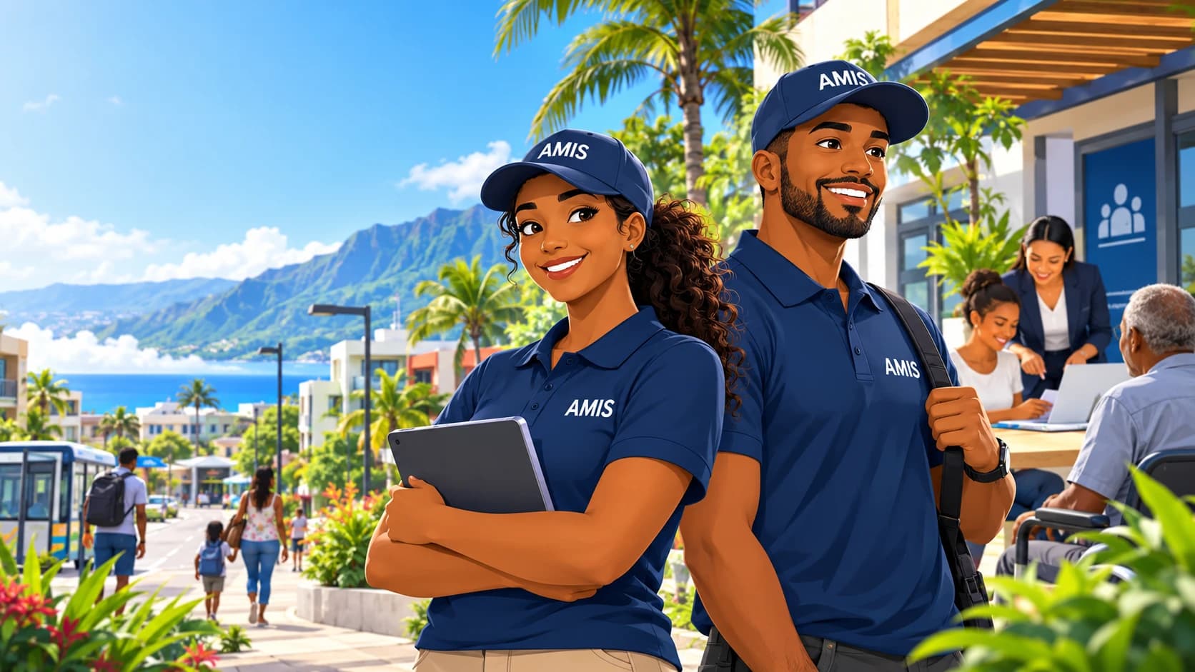 Illustration d’agents de médiation, information et services dans un quartier de La Réunion